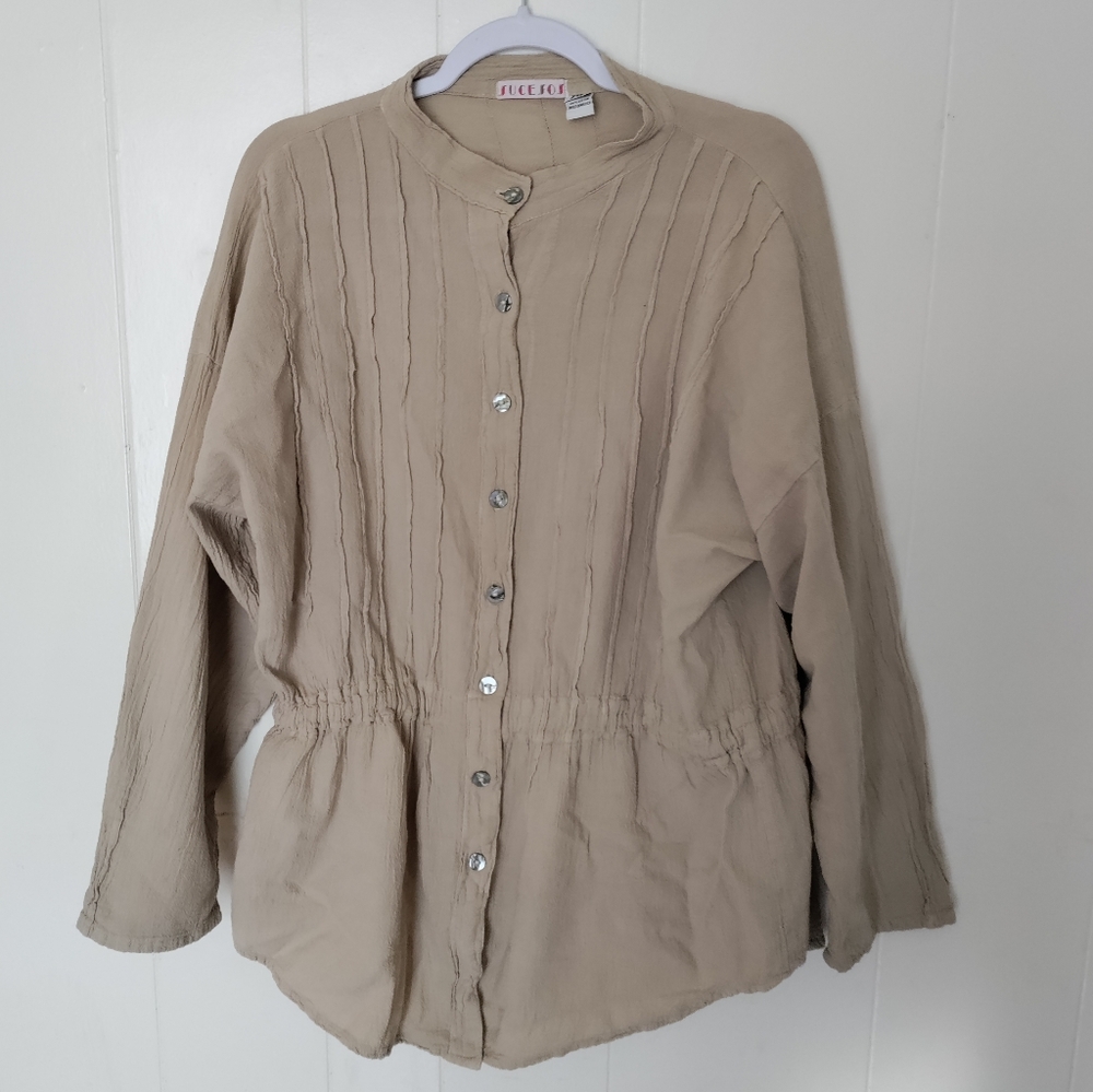 Vintage 90s Peasant Blouse Gauze Cotton Jacket Drawstring Waist Button Up Shirt
